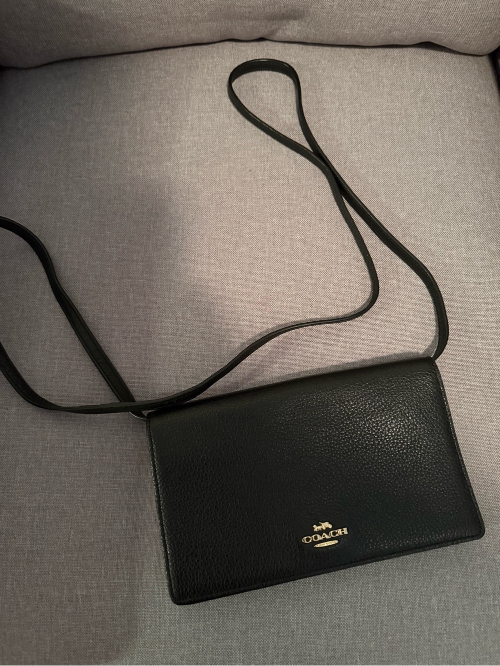 Coach Black Pebbled Leather Flap Crossbody with Gold Logo